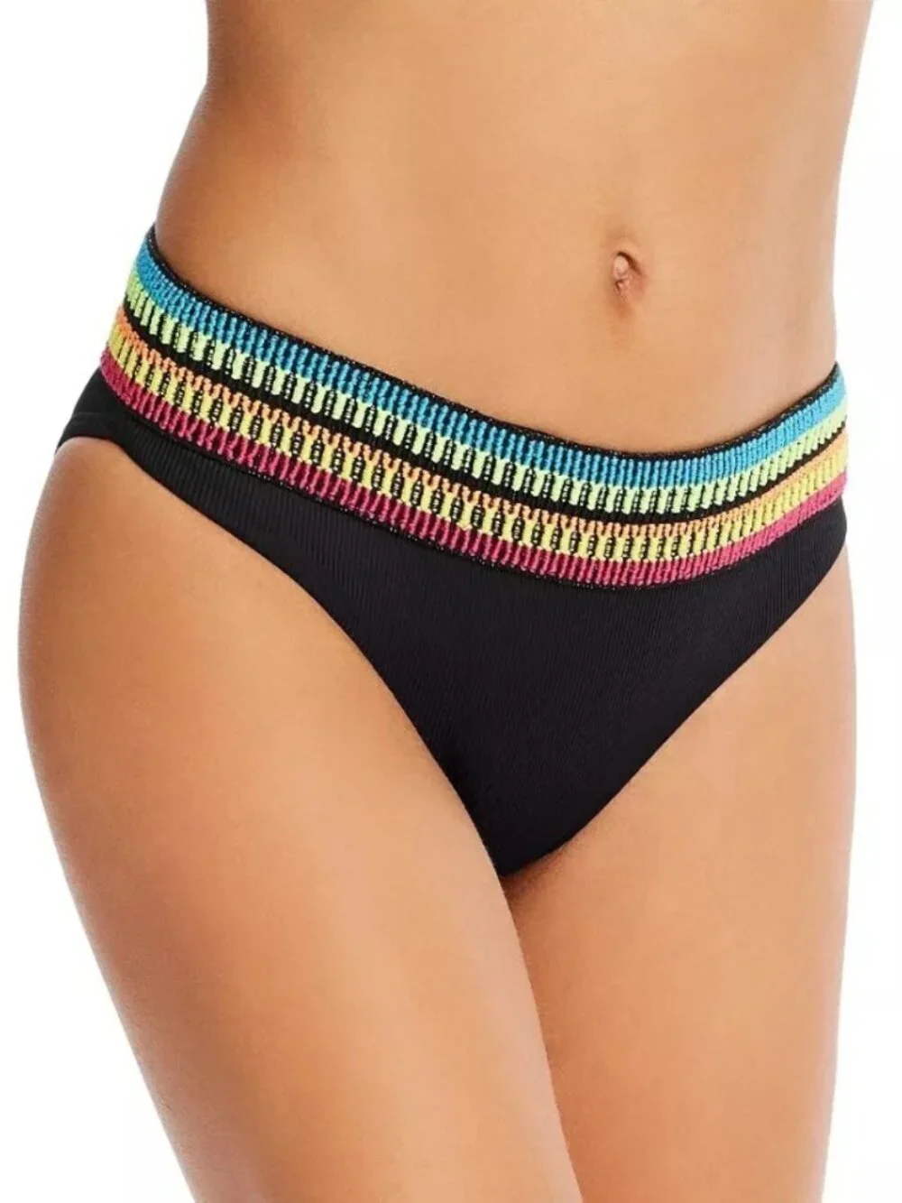 Peixoto Womens Kiwi Zoni Ribbed Contrast Trim Swim Bottom Separates Black M NWT
